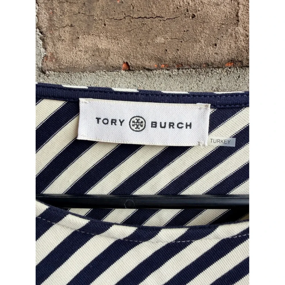 Tory Burch Striped Cotton T-Shirt Dress Short Sleeve Mini Womens L Navy White
